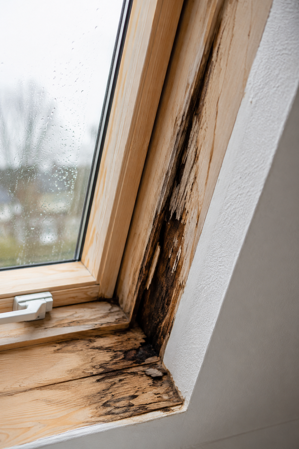 Dachfenster mit verschimmeltem Holzfutter Dachfenster mit feuchtem Innenfutter