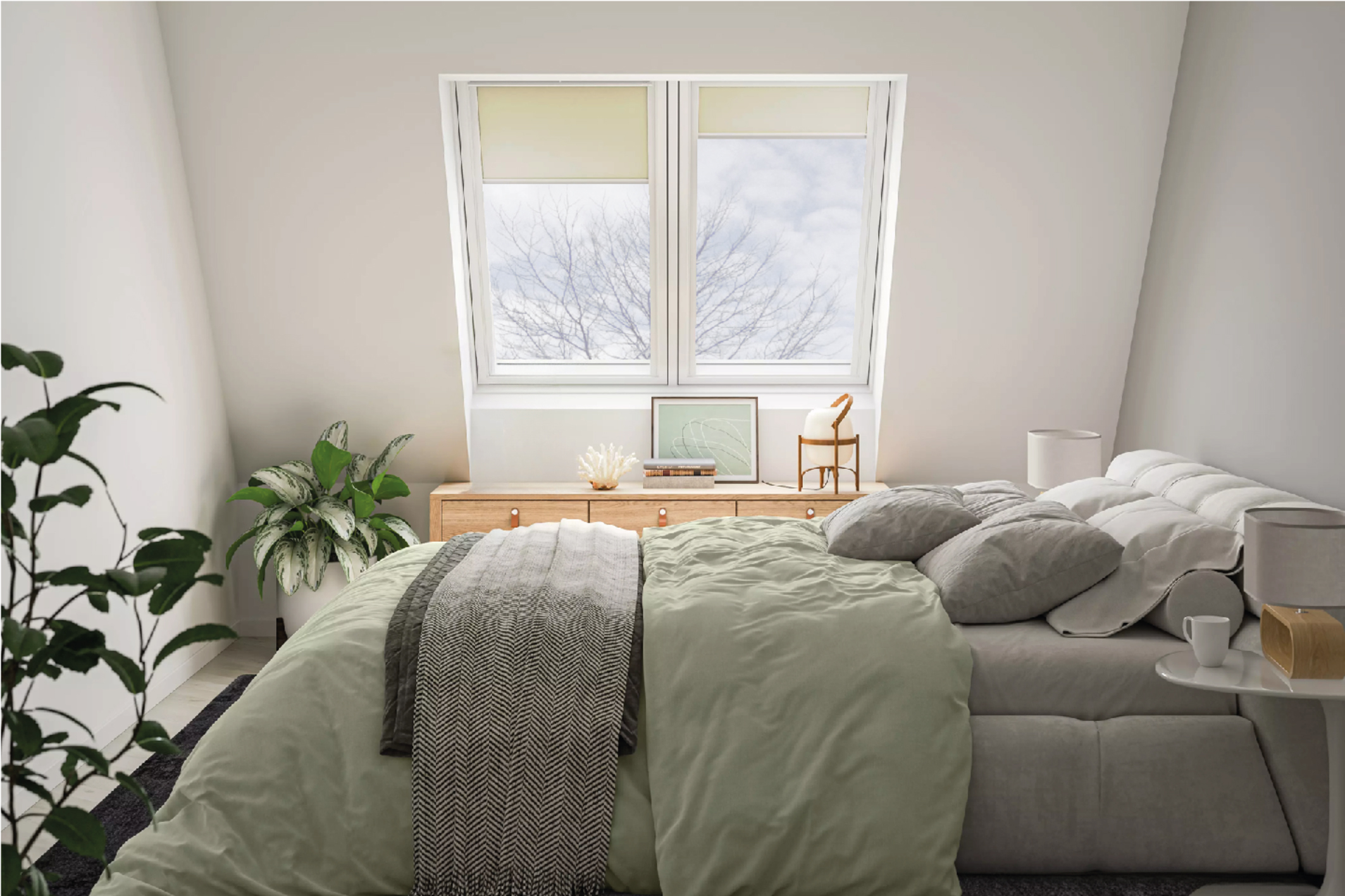 Schlafzimmer mit Dachfenster - Winterlandschaft Schlafzimmer mit Dachfenster - Winterlandschaft